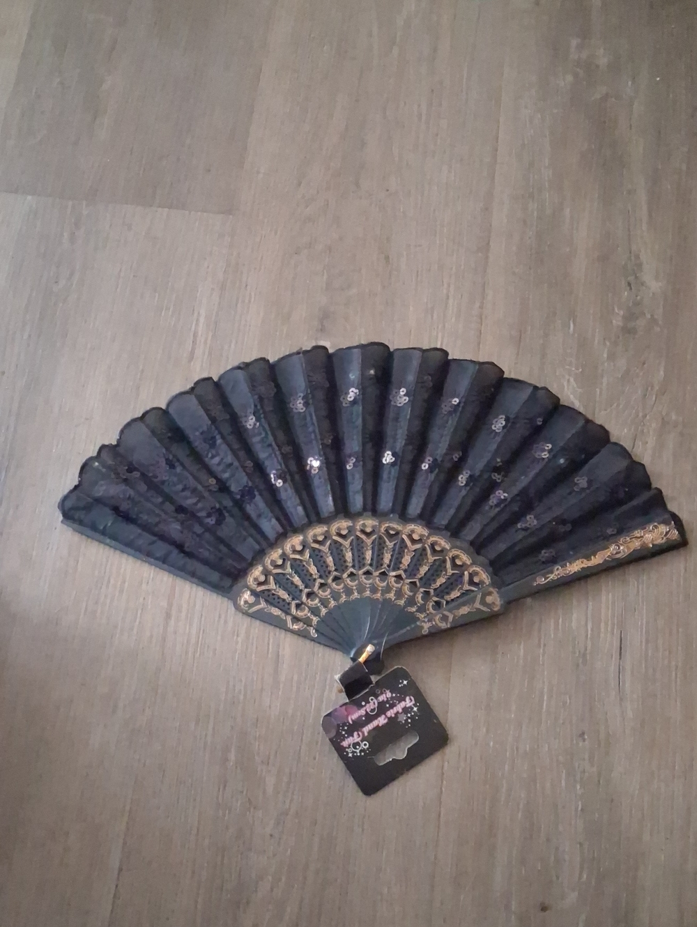 Elegant Black Hand Fan with Gold Lace Accent